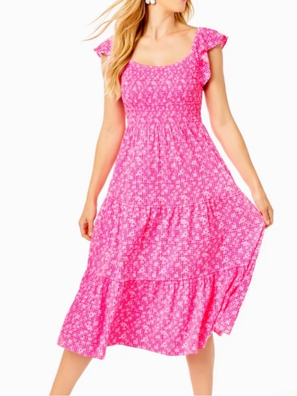 Lilly Pulitzer Jilly Pink Floral Smocked Midi Dress S